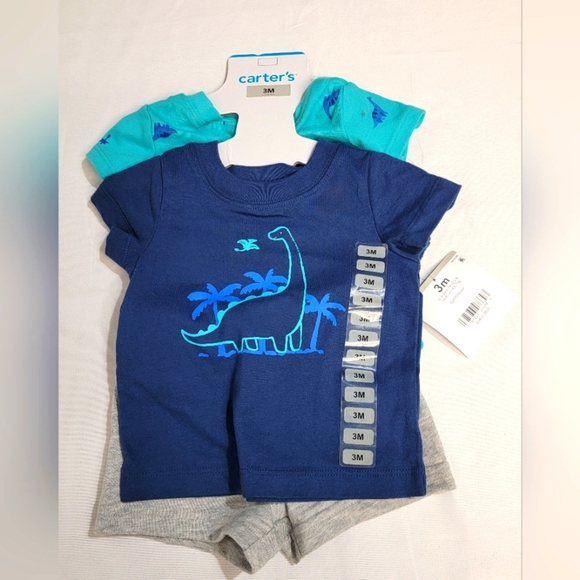 Carter's 3 Piece Blue and Teal Dinosaur Matching Set Size Infant 0-3 Month - Picture 1 of 6